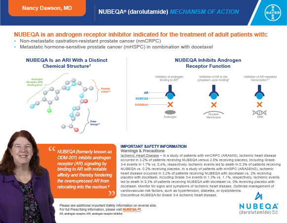 Flash card of Dr. Nancy Dawson sharing insights on the mechanism of action of NUBEQA (darolutamide)